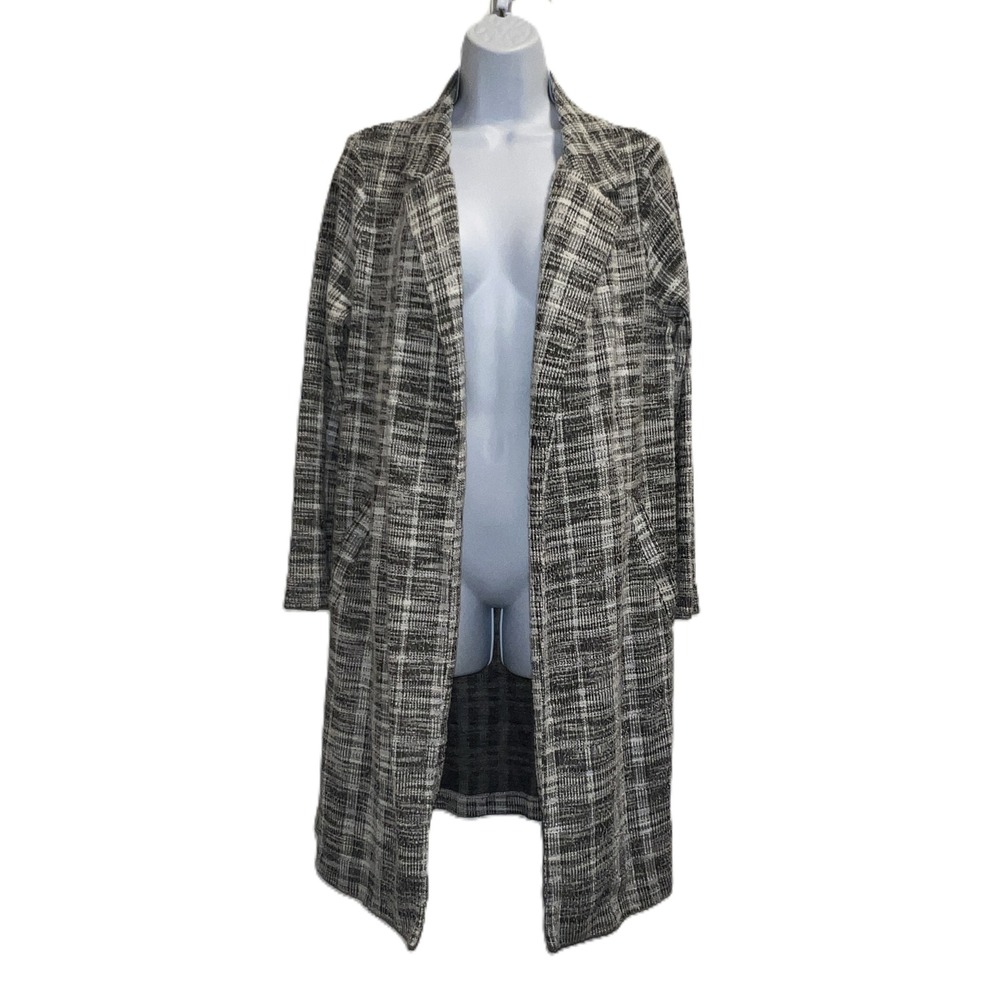 Dark Academia Casual Melloday Longline Duster Cardigan Black/White Plaid Women M